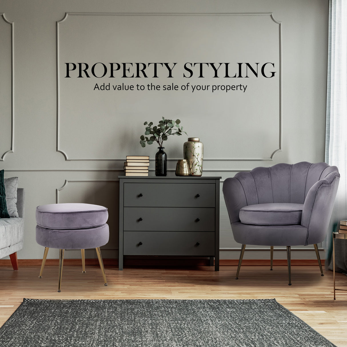 Armchair Lounge Chair Accent Velvet Shell Scallop Ottoman Footstool Round GREY