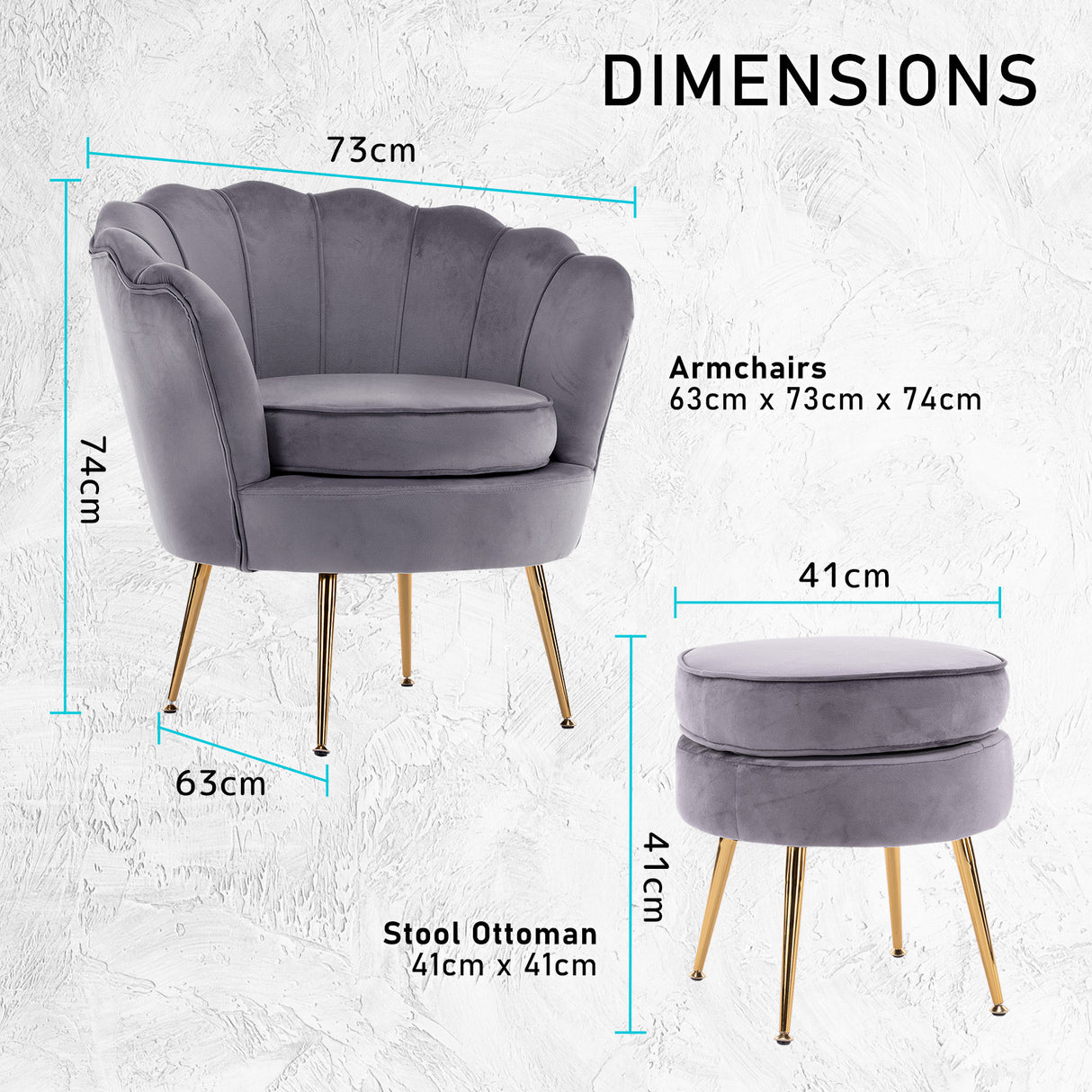 Armchair Lounge Chair Accent Velvet Shell Scallop Ottoman Footstool Round GREY