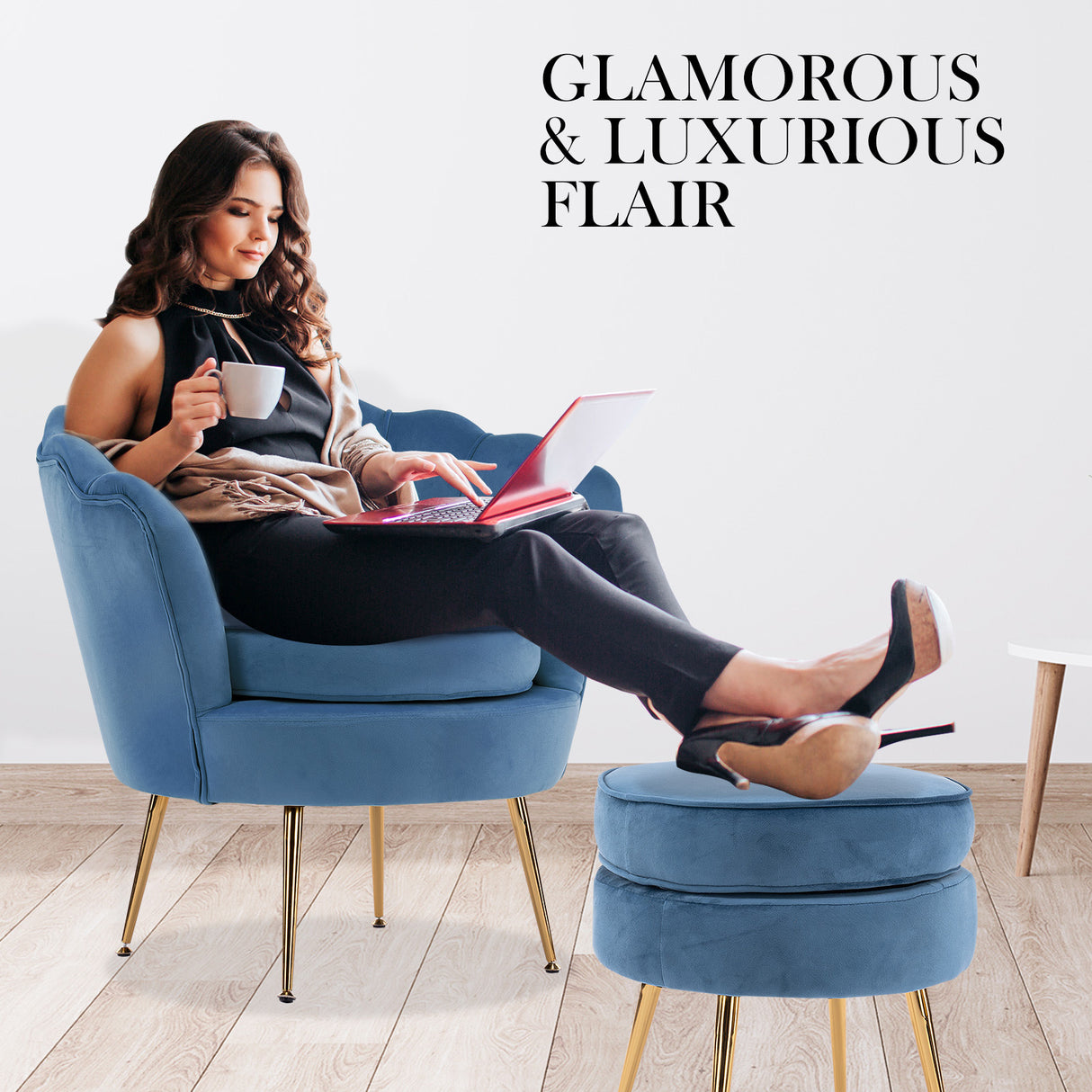 Armchair Lounge Chair Accent Velvet Shell Scallop Ottoman Footstool Round NAVY BLUE