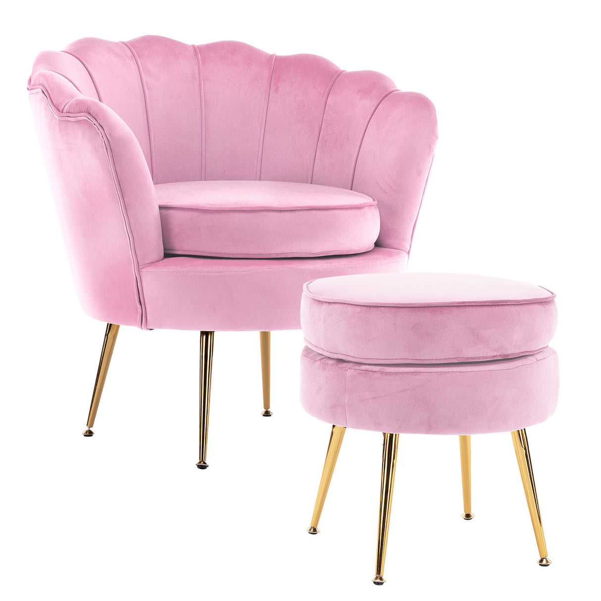 Armchair Lounge Chair Accent Velvet Shell Scallop Round Ottoman Footstool PINK