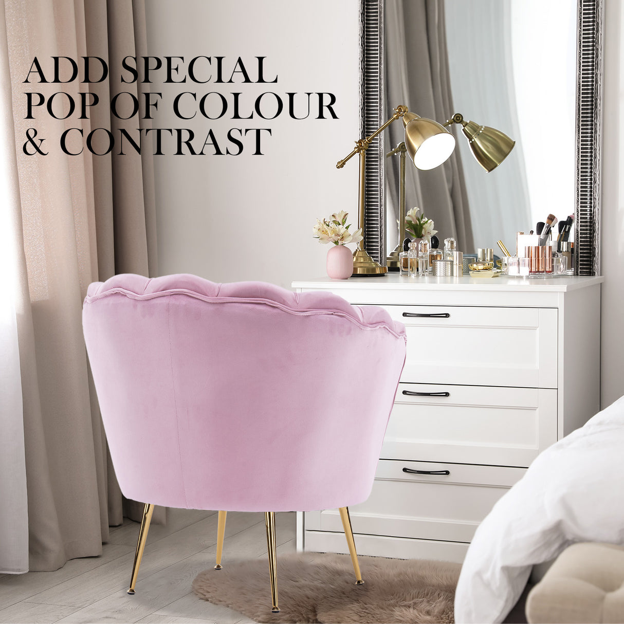 Armchair Lounge Chair Accent Velvet Shell Scallop Round Ottoman Footstool PINK