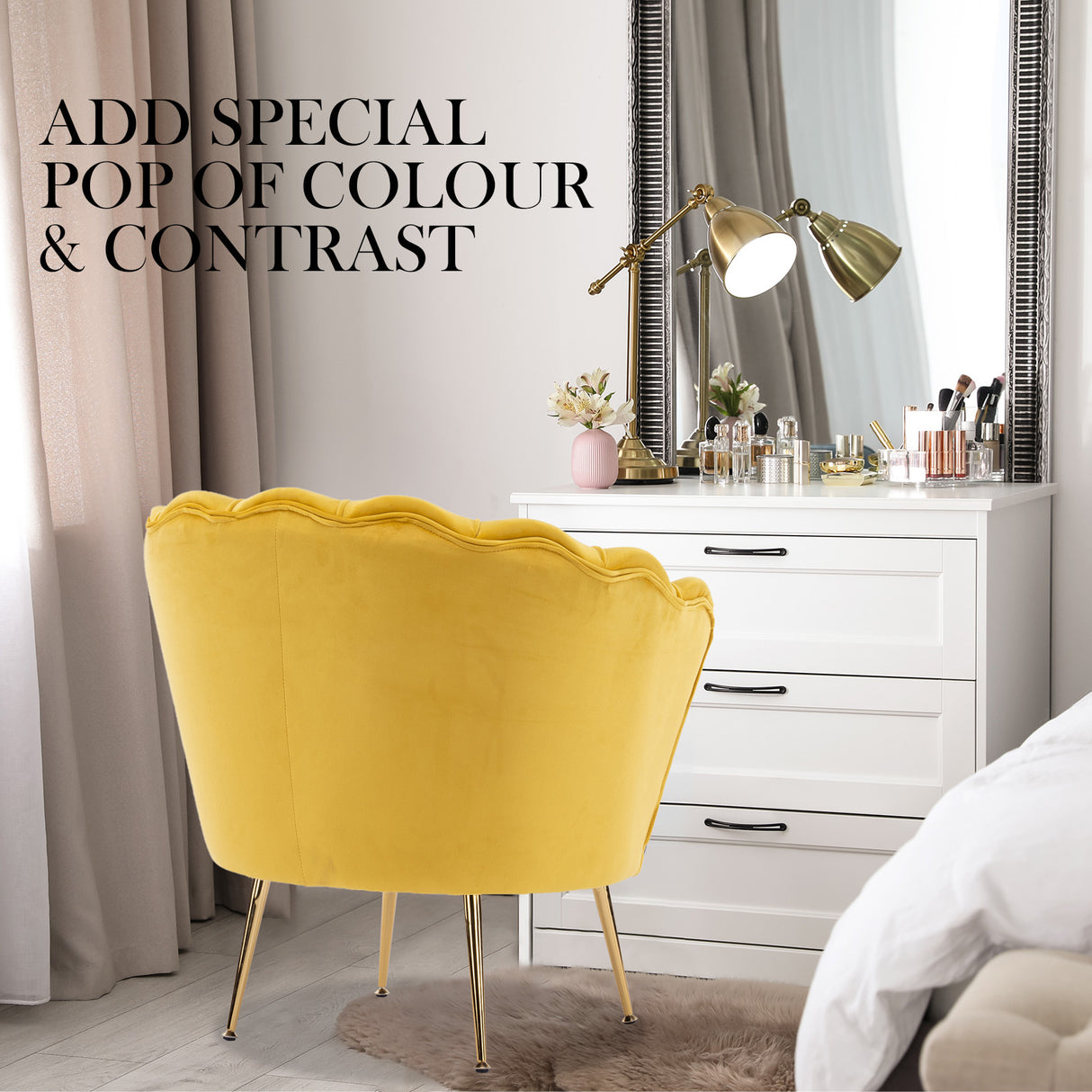 Armchair Lounge Chair Accent Velvet Shell Scallop Round Ottoman Footstool YELLOW