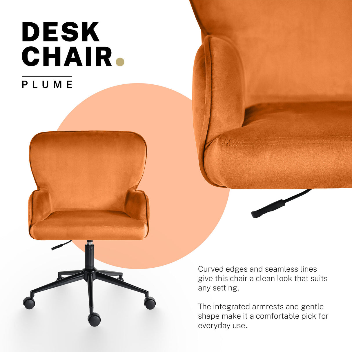 Desk Armchair - Home Office Swivel Chair Adjustable Height Seat PLUME ORANGE