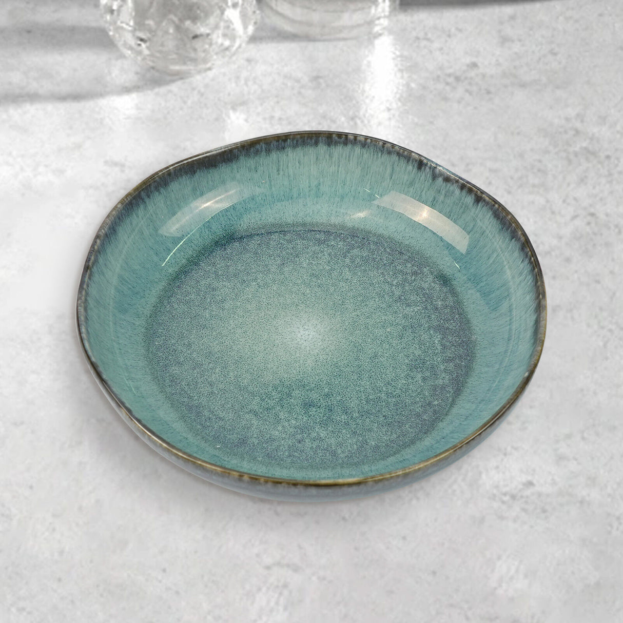 3 Pieces Reactive Glazed Ceramic Organic Fine Dinner Set with Plate and Bowl - Earthy Aqua