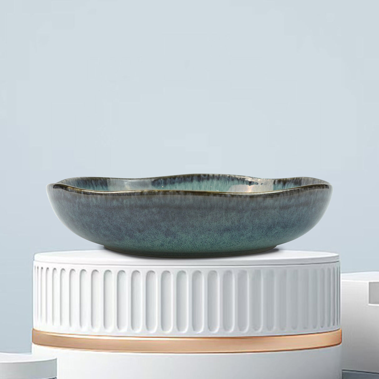 3 Pieces Reactive Glazed Ceramic Organic Fine Dinner Set with Plate and Bowl - Earthy Aqua