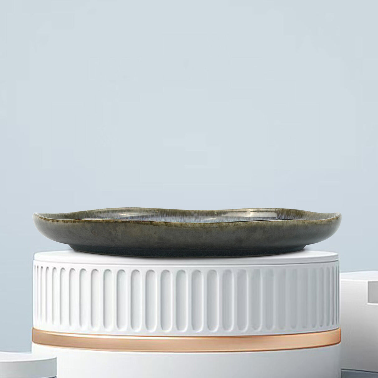 3 Pieces Reactive Glazed Ceramic Organic Fine Dinner Set with Plate and Bowl - Earthy Aqua