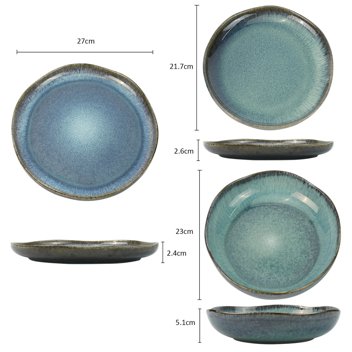3 Pieces Reactive Glazed Ceramic Organic Fine Dinner Set with Plate and Bowl - Earthy Aqua