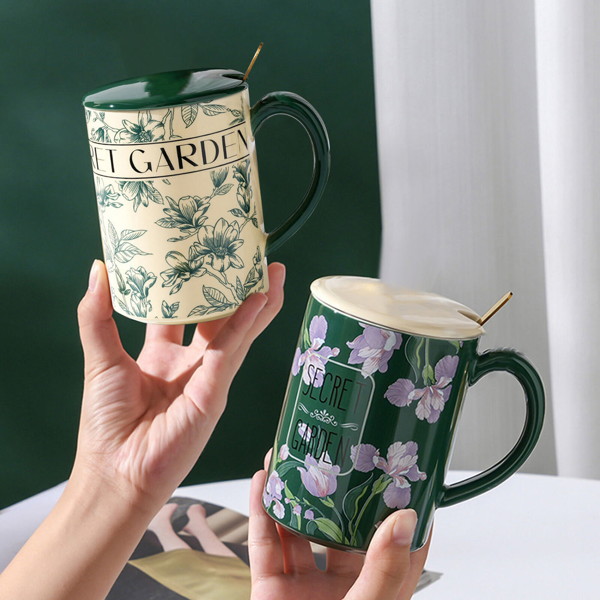 2X High-Fired Ceramic Porcelain Mug Set with Lid 400ml Vintage Floral Tea Spoon GREEN