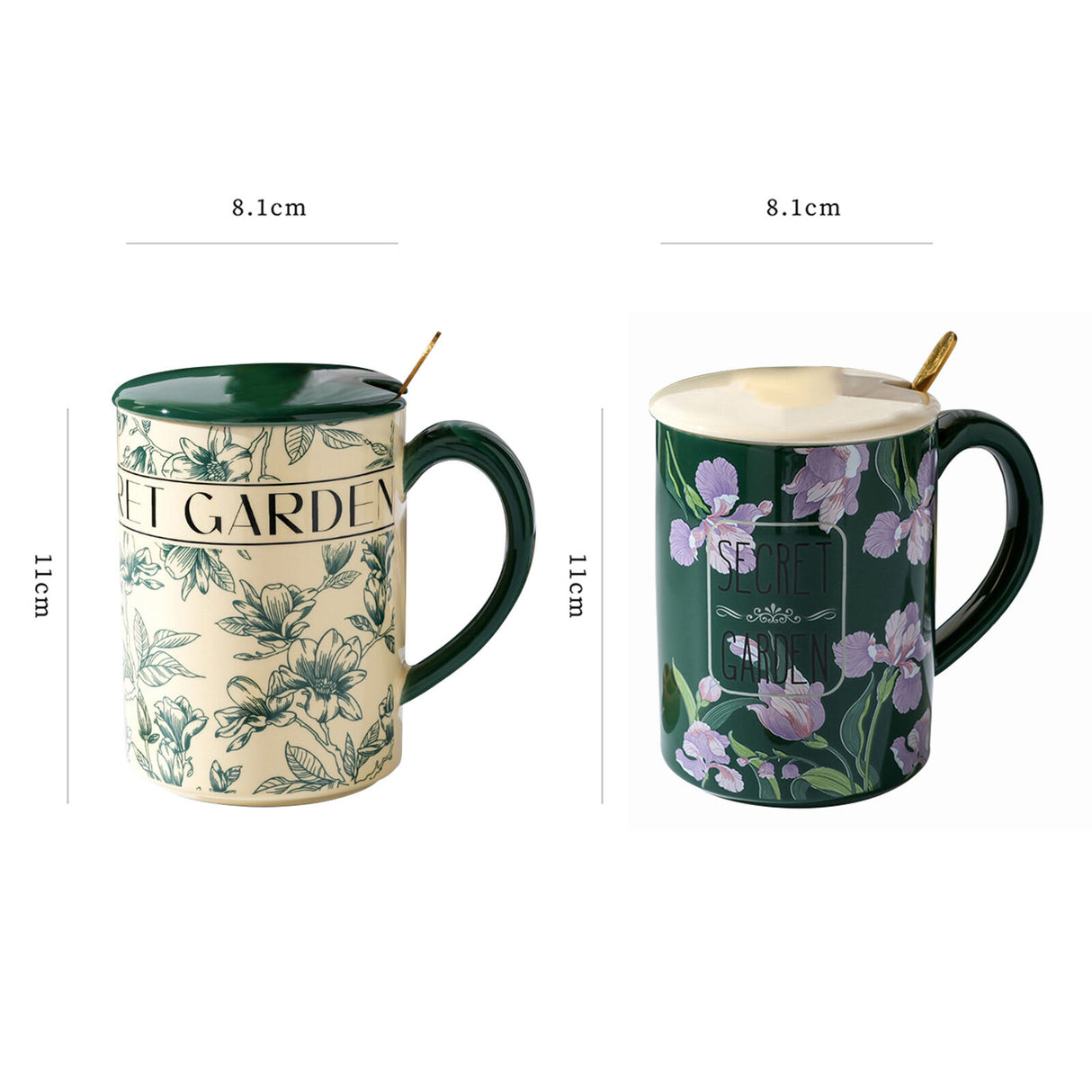 2X High-Fired Ceramic Porcelain Mug Set with Lid 400ml Vintage Floral Tea Spoon GREEN