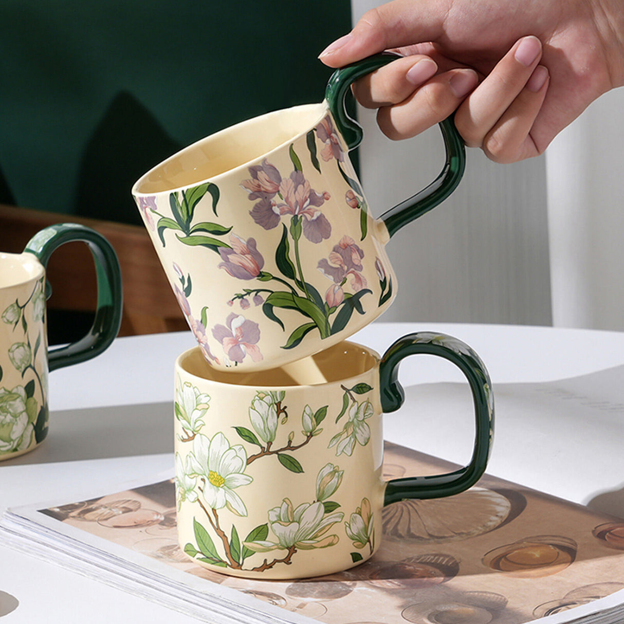 2X High-Fired Ceramic Porcelain Mug Set with Lid 400ml Vintage Floral Tea Spoon GREEN