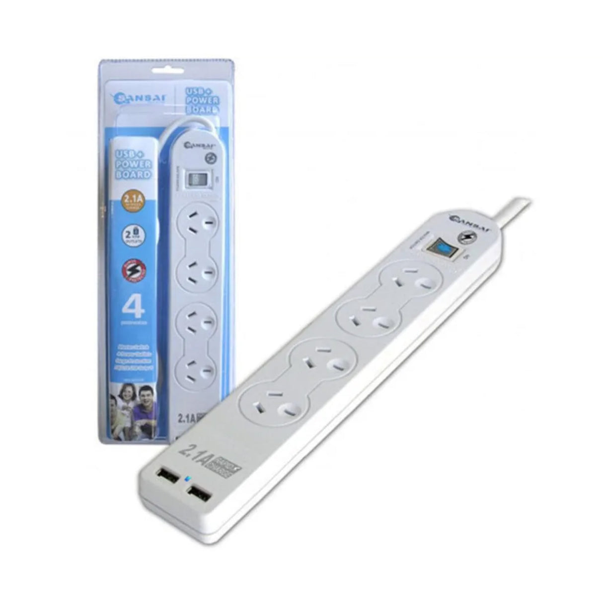 3X Sansai Surge Protected Powerboard - 4 Ways with 2xUSB Outlets