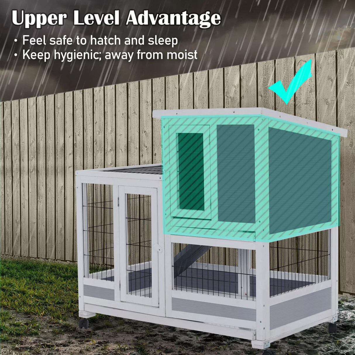 Rabbit Hutch Chicken Coop with Wheels 96.5 x 56 x 90.5cm 2 Storey Pet Cage Run HOPKINS