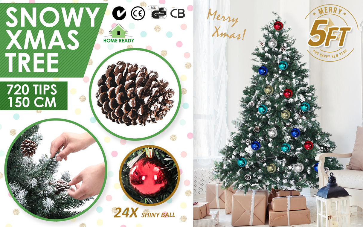 Snowy Christmas Tree Xmas Pine Cones 5Ft 150cm 720 tips Bauble Balls