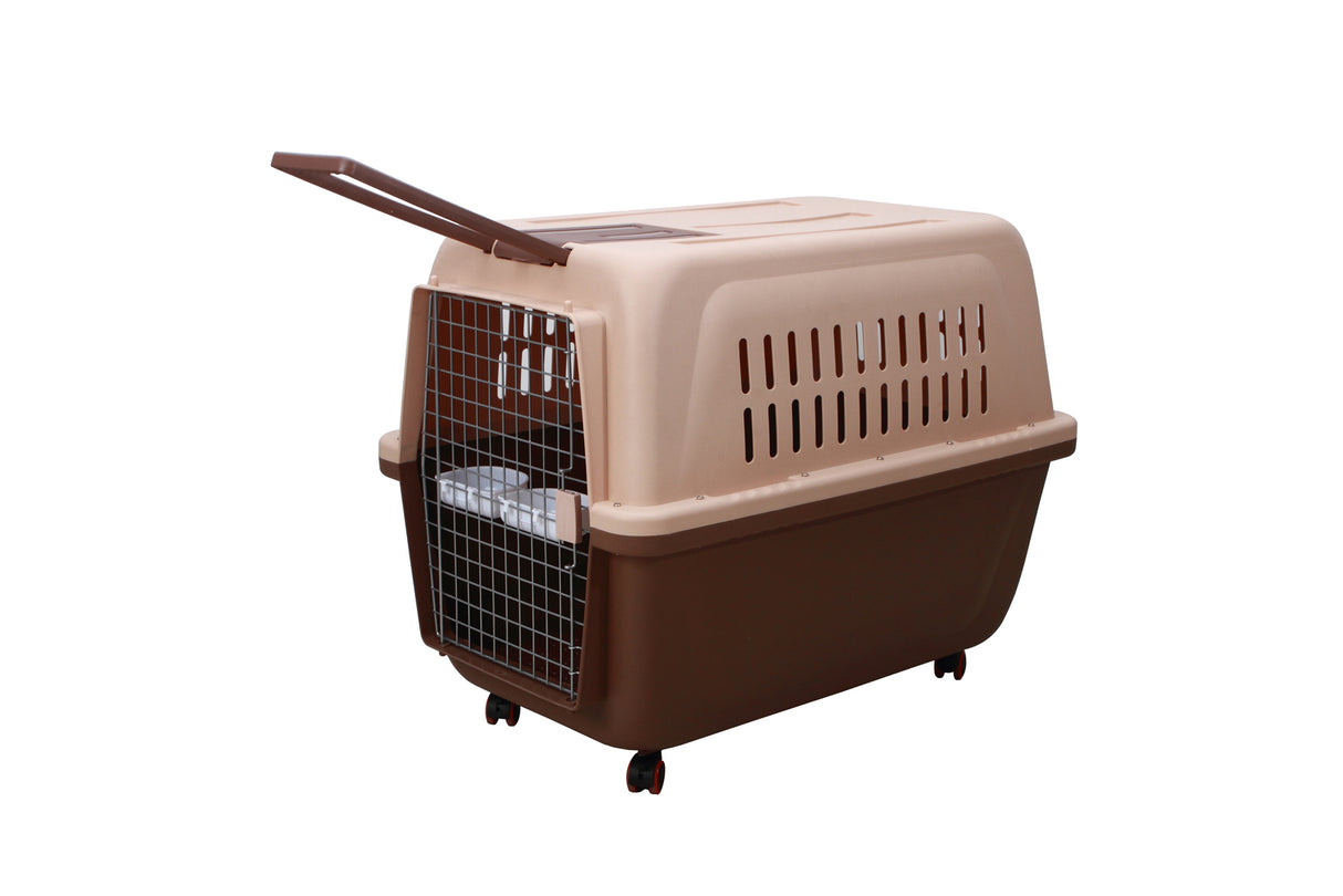 YES4PETS Large Plastic Kennels Pet Carrier Dog Cat Big Parrot Cage Crate With Handle and Wheel Brown