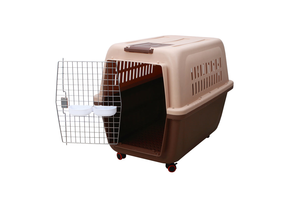 YES4PETS Large Plastic Kennels Pet Carrier Dog Cat Big Parrot Cage Crate With Handle and Wheel Brown