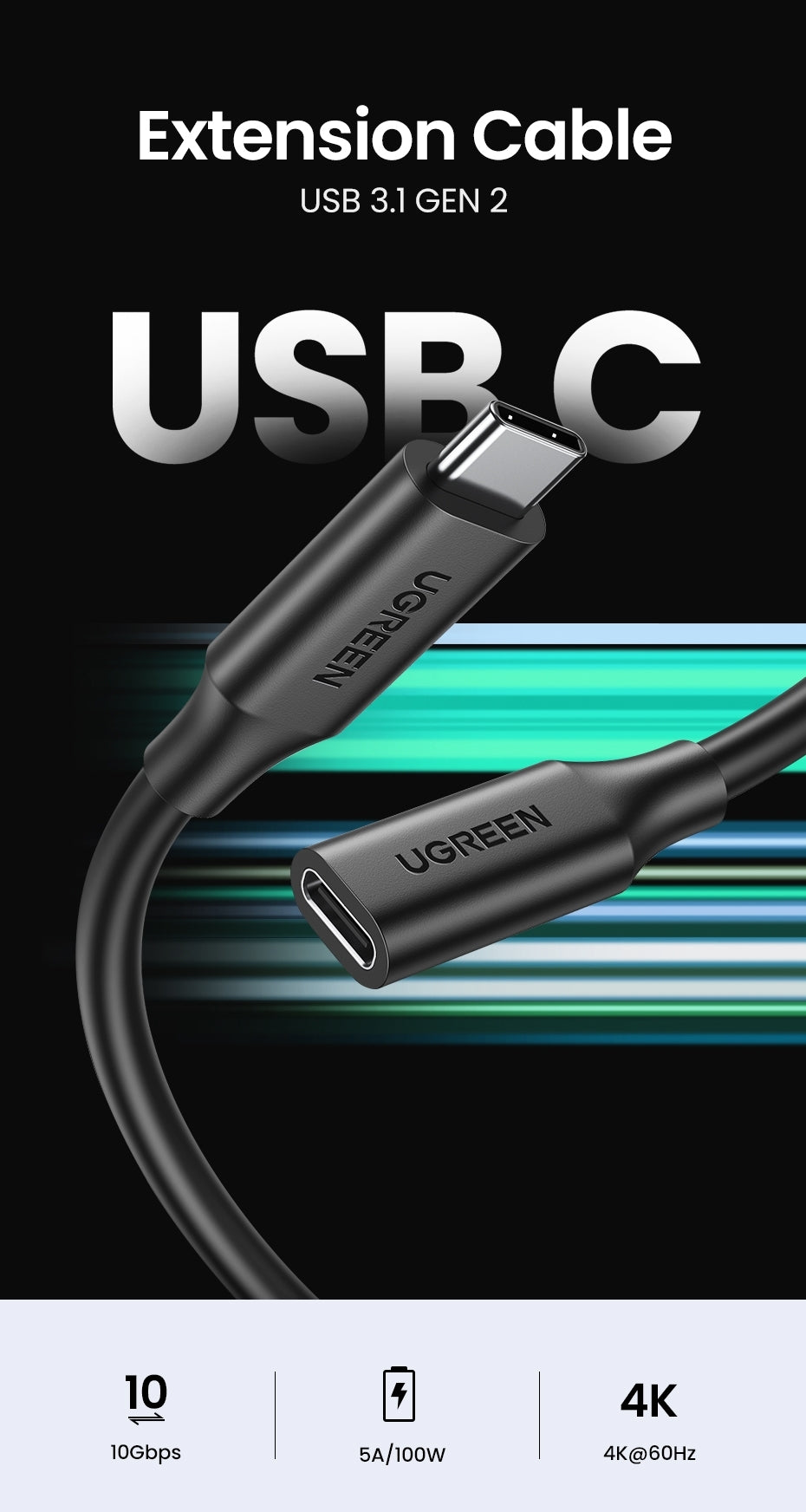 UGREEN 100W USB-C Extension Cable 1M for High-Speed Charging and Data Transfer