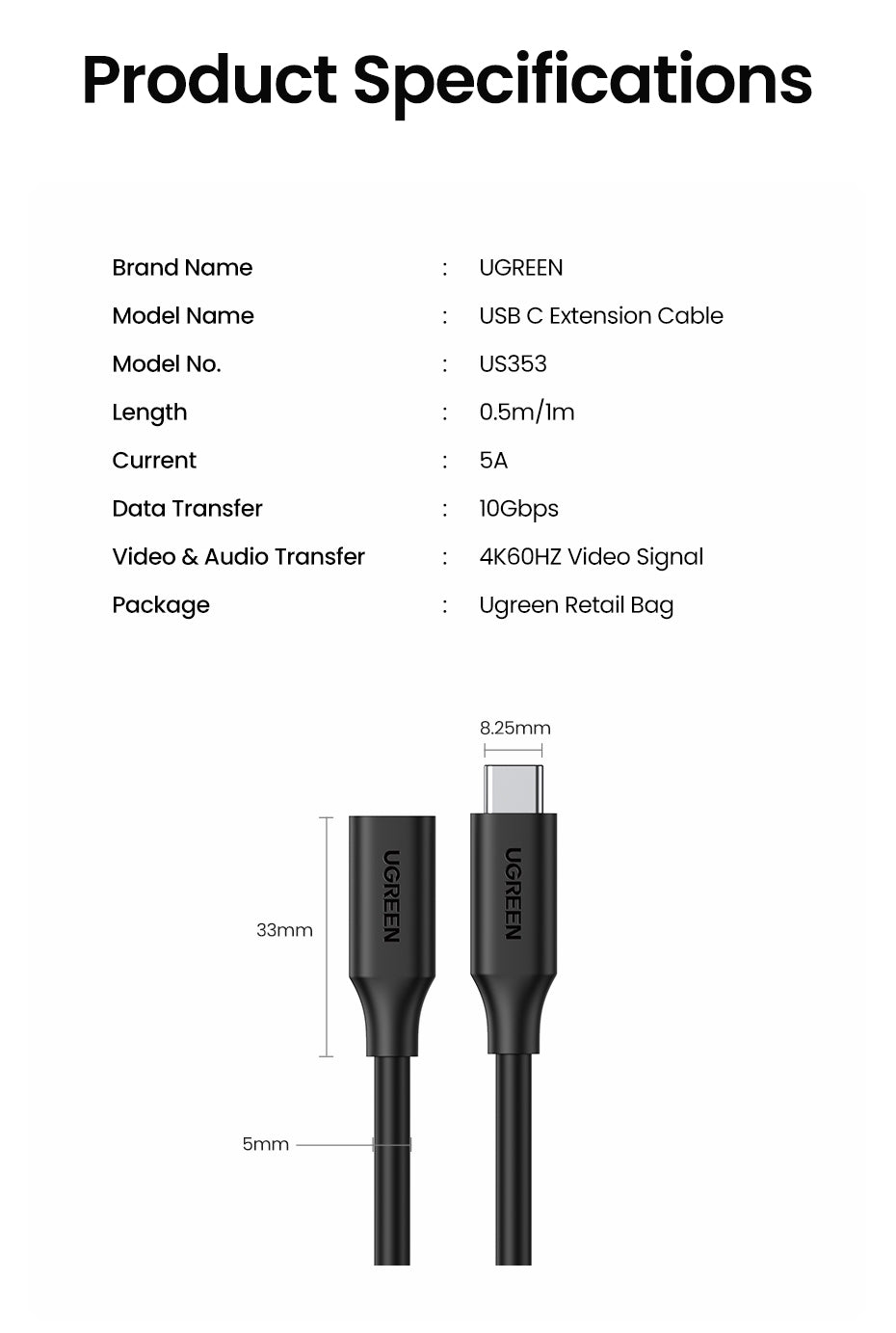UGREEN 100W USB-C Extension Cable 1M for High-Speed Charging and Data Transfer
