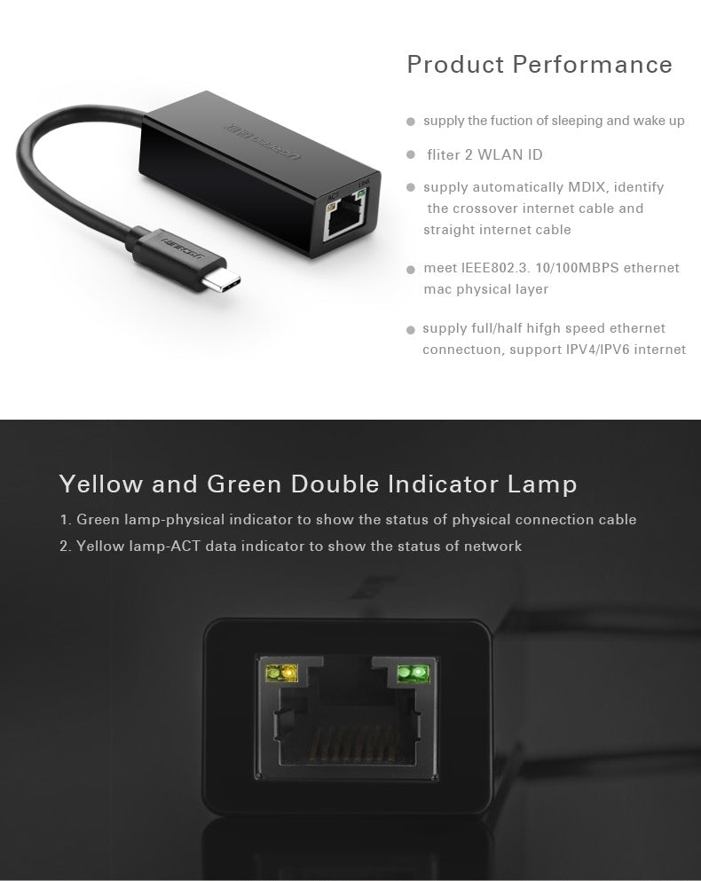 UGREEN USB-C Ethernet Adapter 10/100Mbps for Fast Internet Connection