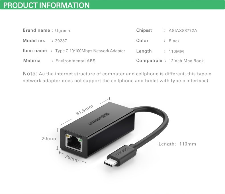 UGREEN USB-C Ethernet Adapter 10/100Mbps for Fast Internet Connection