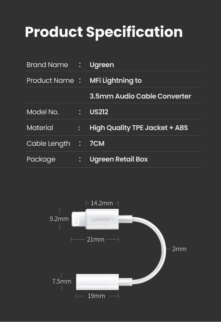 UGREEN MFi Certified iPhone 8-Pin to 3.5mm Headphone Converter