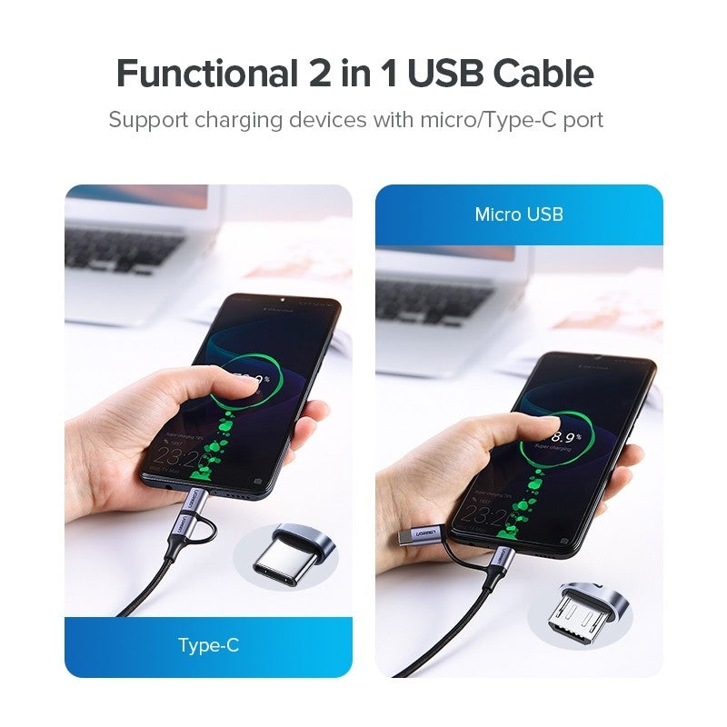 UGREEN 30875 2-in-1 USB-A to Micro USB & USB-C Charging Cable - 1m Length