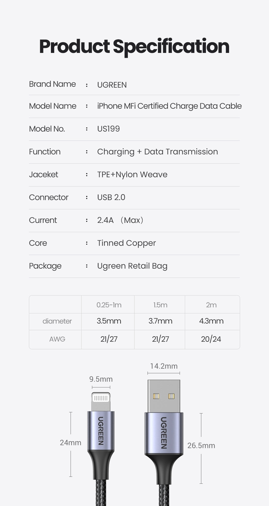 UGREEN 2M USB-A to Lightning iPhone Charging Cable - Black, MFI Certified