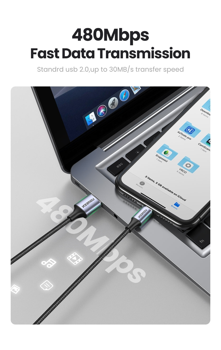 UGREEN 2M MFI Certified USB-A to 8-Pin iPhone Charging Cable - Silver