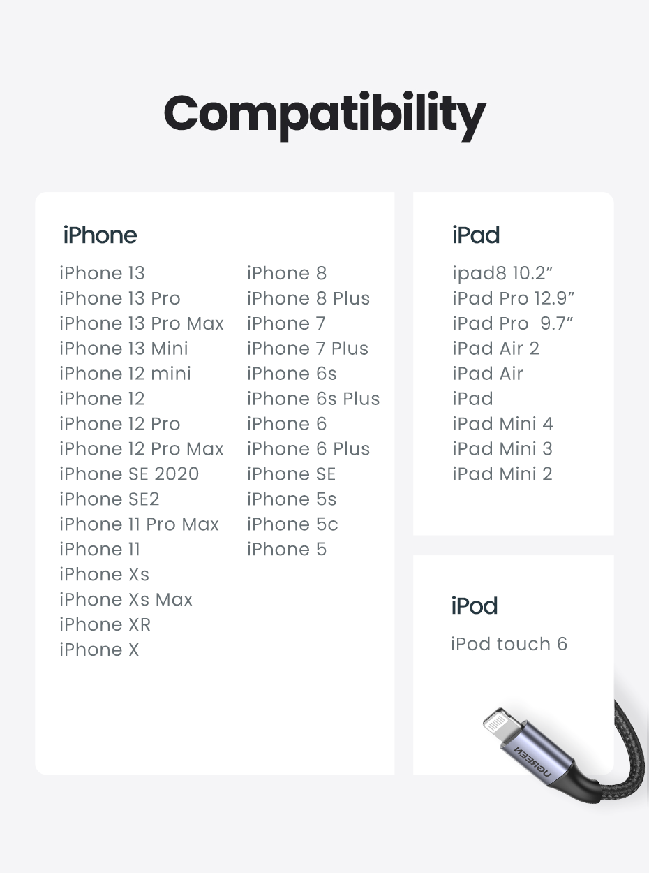 UGREEN 2M MFI Certified USB-A to 8-Pin iPhone Charging Cable - Silver