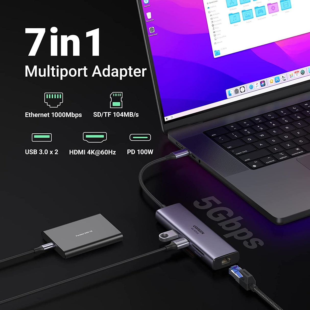 UGREEN 7-in-1 USB-C Hub with 4K HDMI, Ethernet, and Card Reader