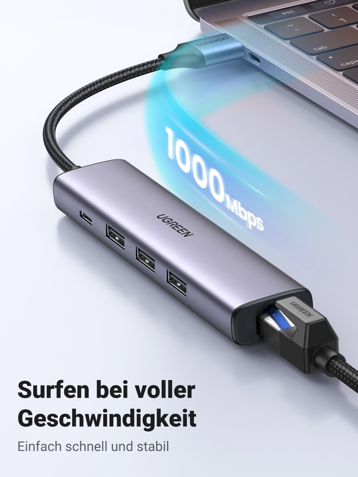 UGREEN 5-in-1 USB 3.0 Gigabit Ethernet Hub with 3 USB Ports and Type-C Power Supply