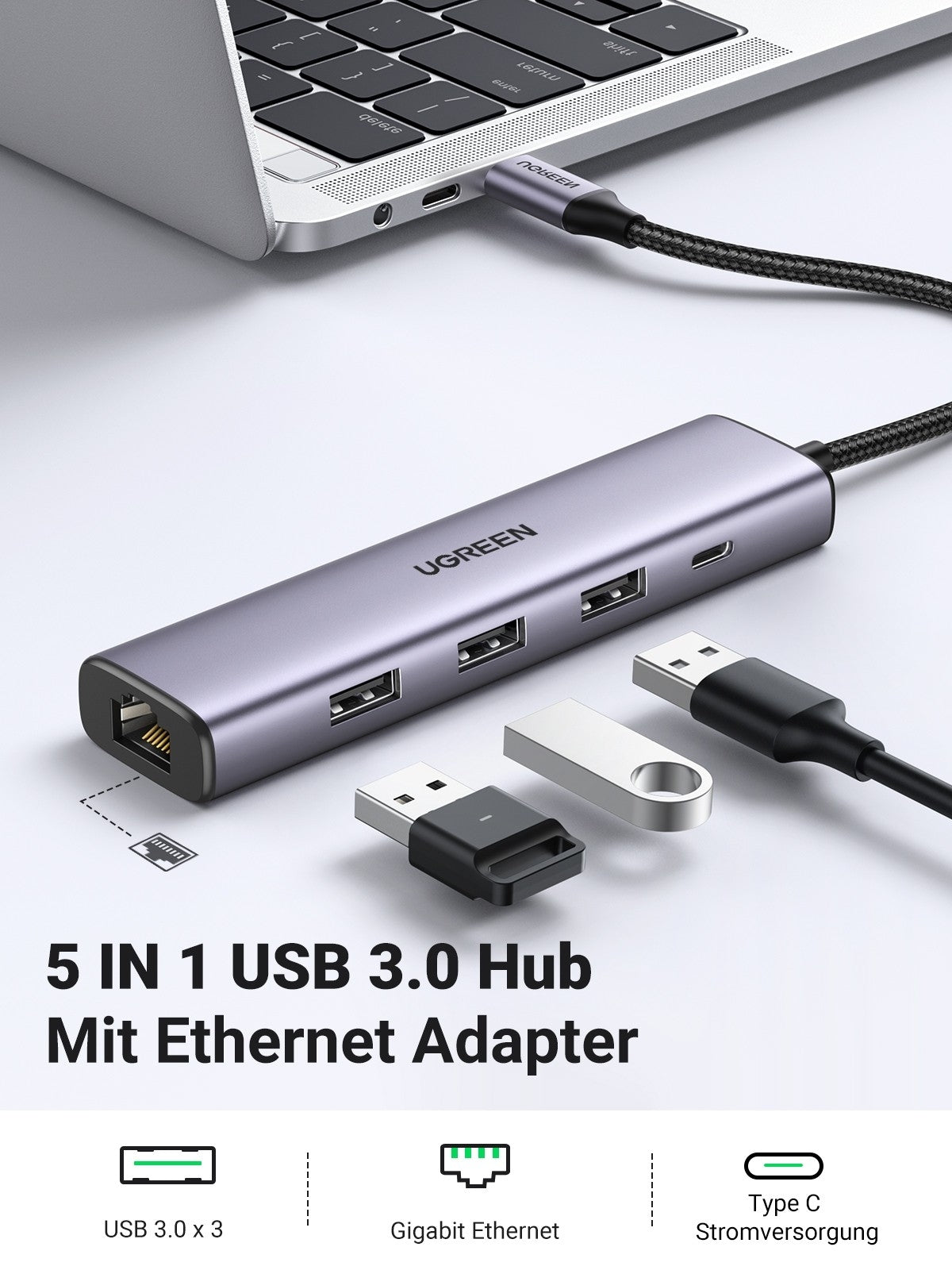 UGREEN 5-in-1 USB 3.0 Gigabit Ethernet Hub with 3 USB Ports and Type-C Power Supply