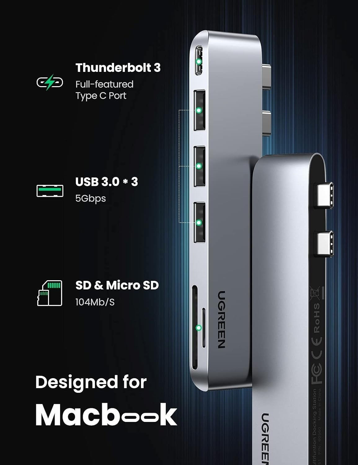 UGREEN 60560 Aluminum USB-C Hub for MacBook with 3 USB 3.0 Ports and 100W Power Delivery