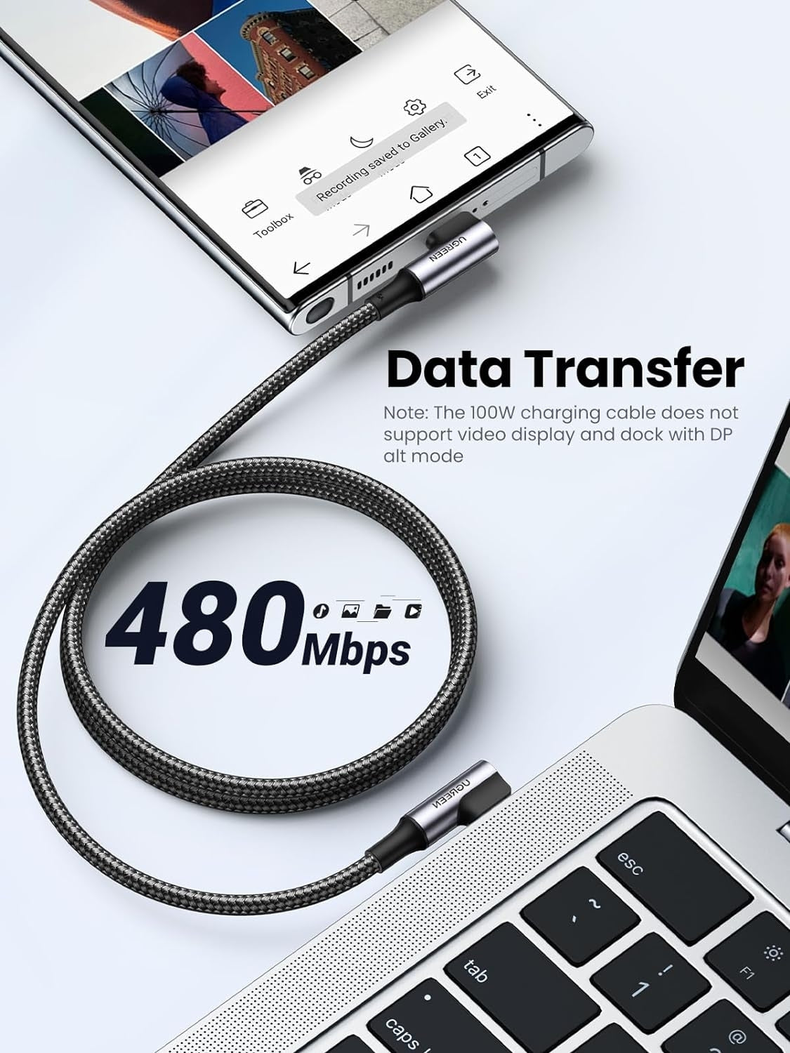 UGREEN 90-Degree 100W Fast Charging USB-C Cable - 2M Length