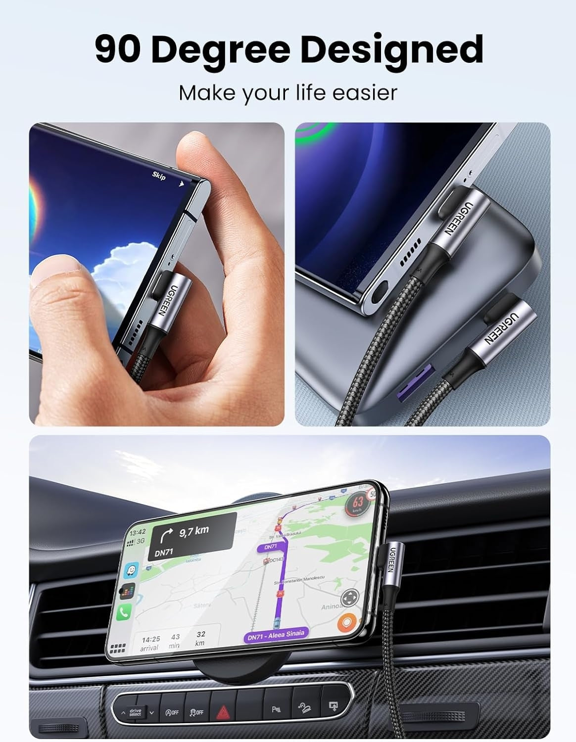 UGREEN 90-Degree 100W Fast Charging USB-C Cable - 2M Length