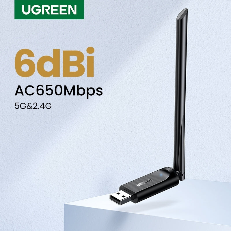 UGREEN AC650 Dual Band High-Gain Wireless USB WiFi Adapter with 6dBi Antenna