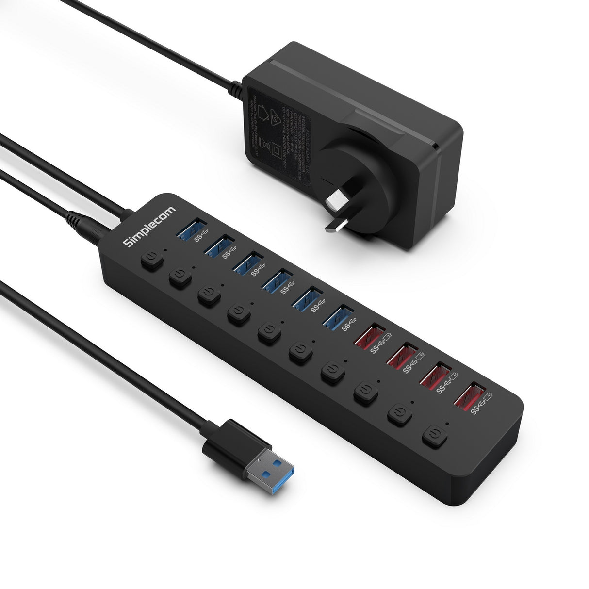 48W 10-Port USB 3.0 Hub & Charger with Individual Power Switches and Fast Charging Support