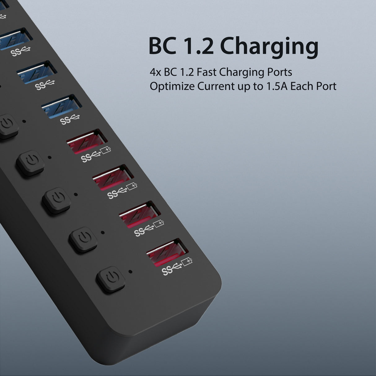 48W 10-Port USB 3.0 Hub & Charger with Individual Power Switches and Fast Charging Support