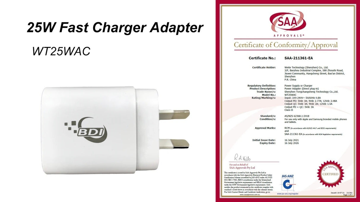 25W Fast PD Charger with USB-A and Type-C Ports for AU Plug