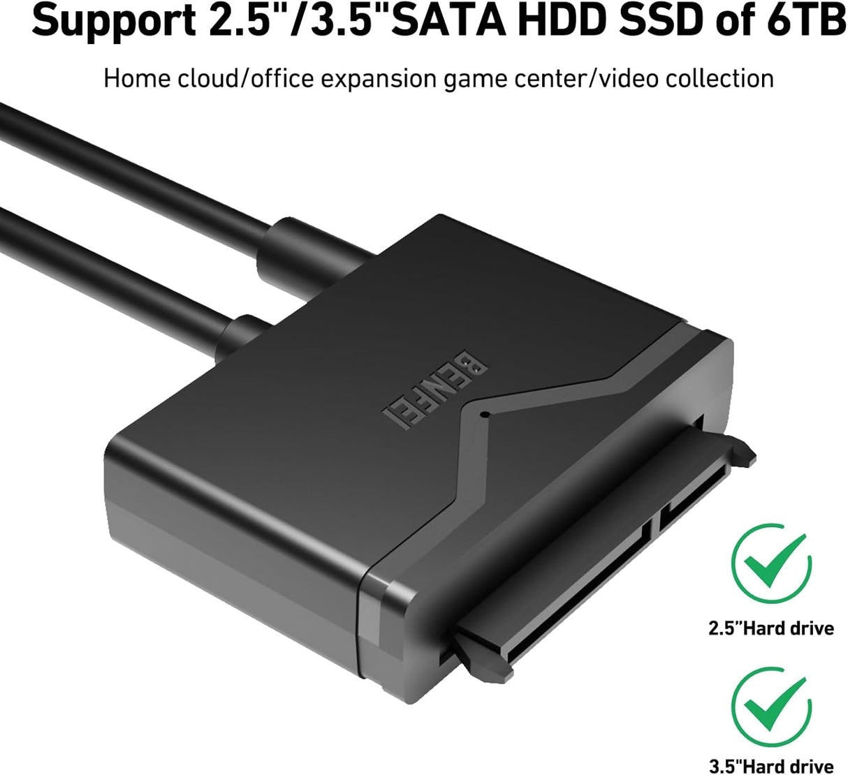 BENFEI 221BK USB 3.0 to SATA III Hard Drive Adapter for 2.5/3.5-inch HDD/SSD with 12V/2A Power Adapter, Support UASP