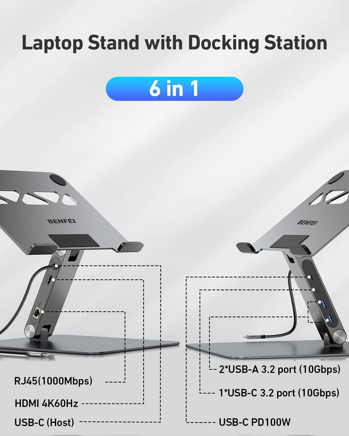 BENFEI 398GY TYPE-C 6-in-1 HDMI+USB-C(10G)+RJ45+2xUSB-A(10G)+PD