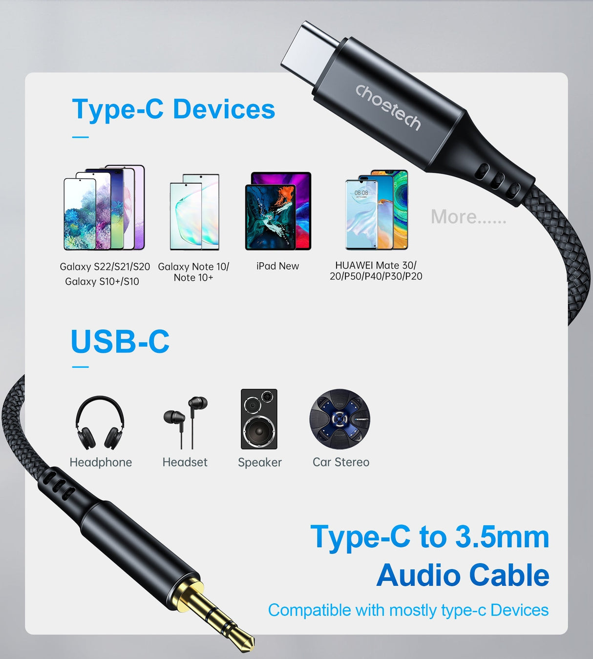 CHOETECH Premium 2M Type-C to 3.5mm Audio Cable with Enhanced DAC Performance