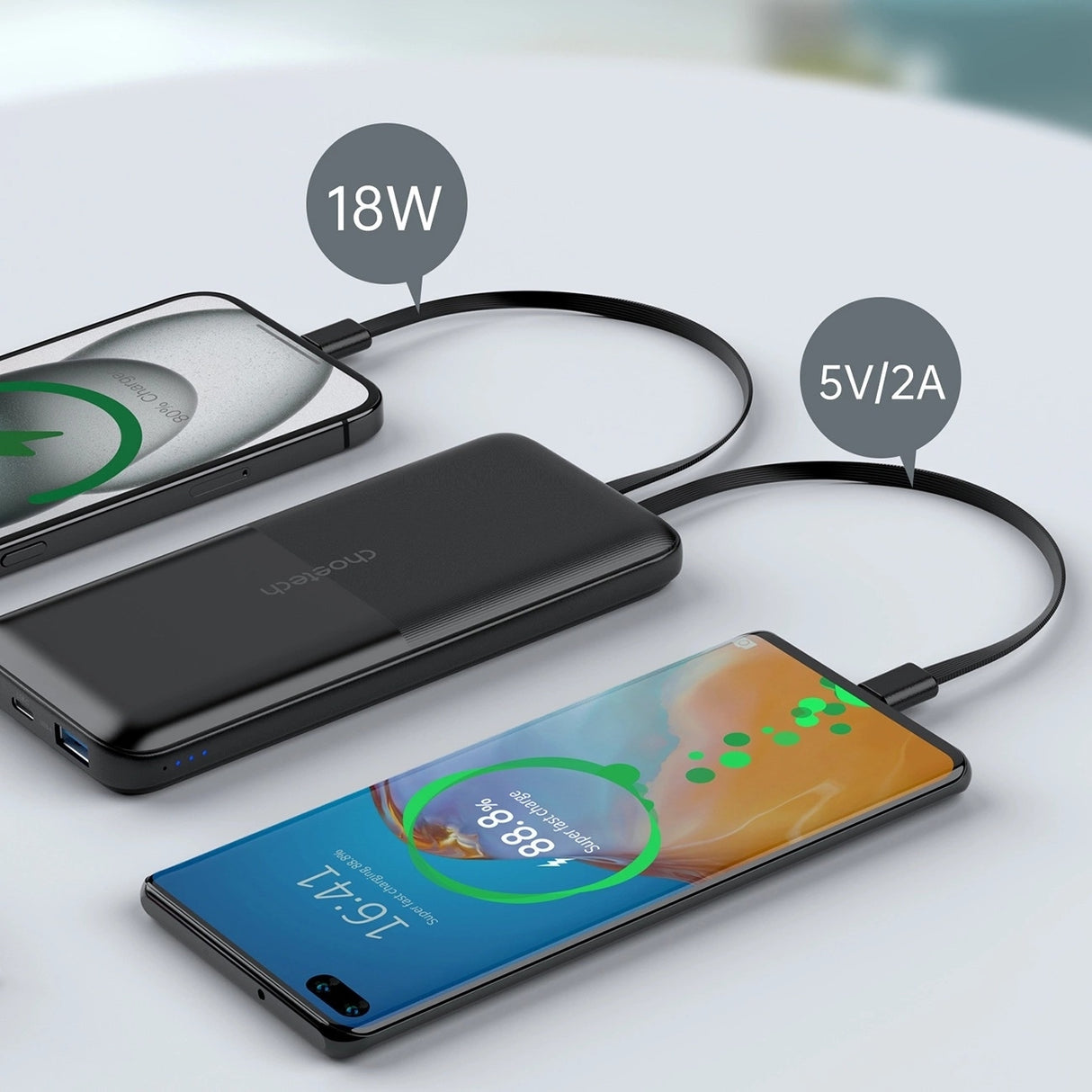 CHOETECH B654 10000mAh Pwer Bank 22.5W USB-A / USB-C / micro USB with built-in USB-C / Lightning cable - black