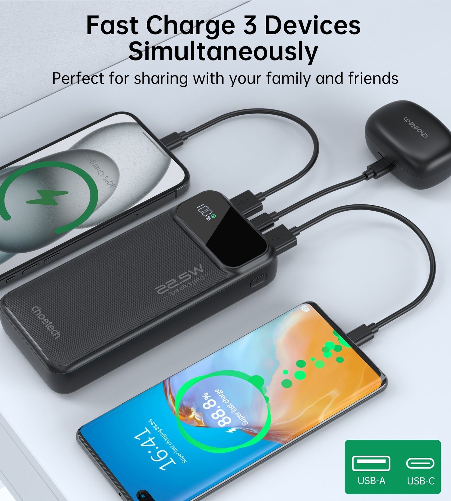 CHOETECH B729 20000mAh PD Power Bank with LED Display and Triple Output Ports