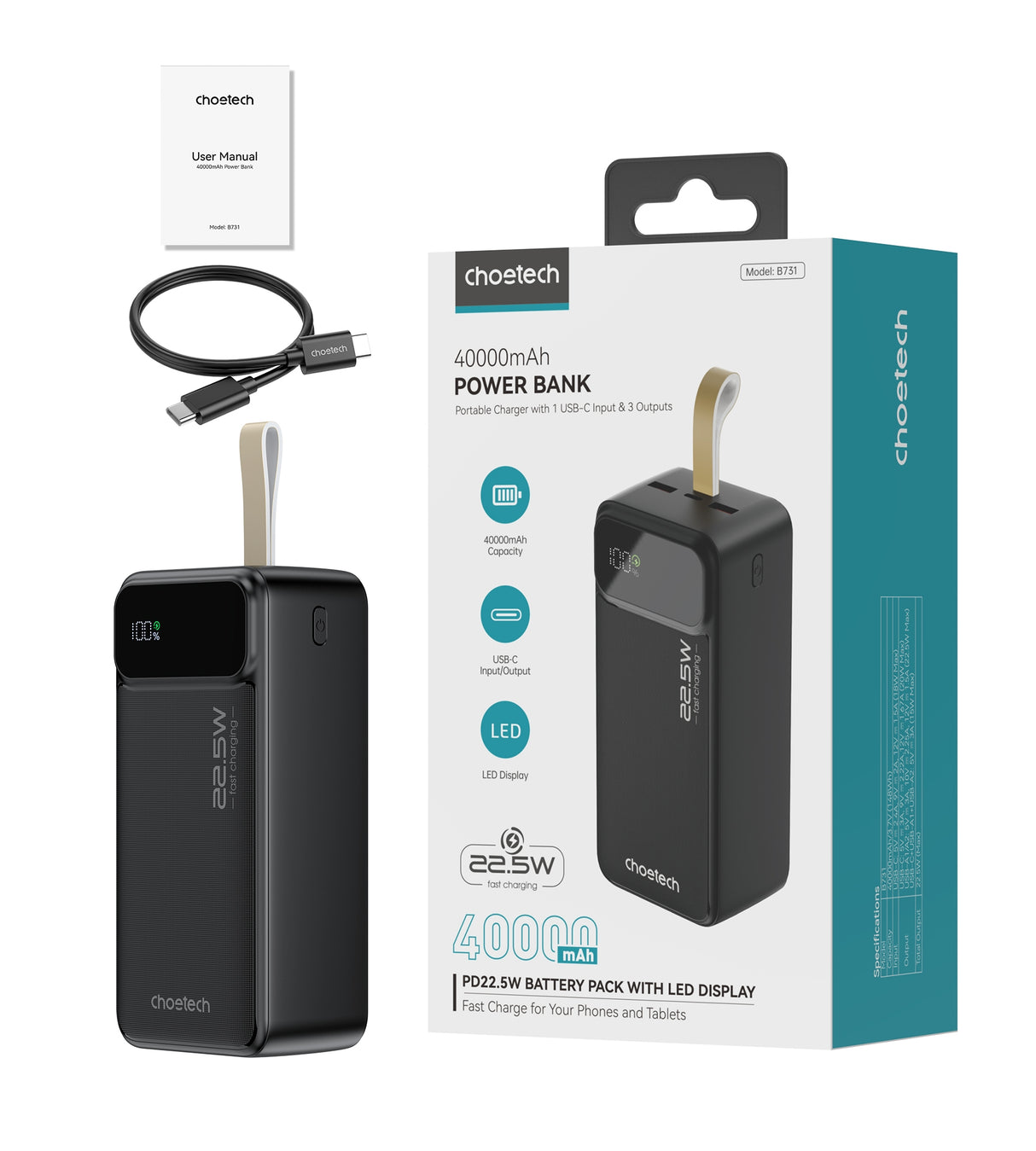 CHOETECH B731 40000mAh High-Capacity Power Bank with 22.5W PD and LED Display