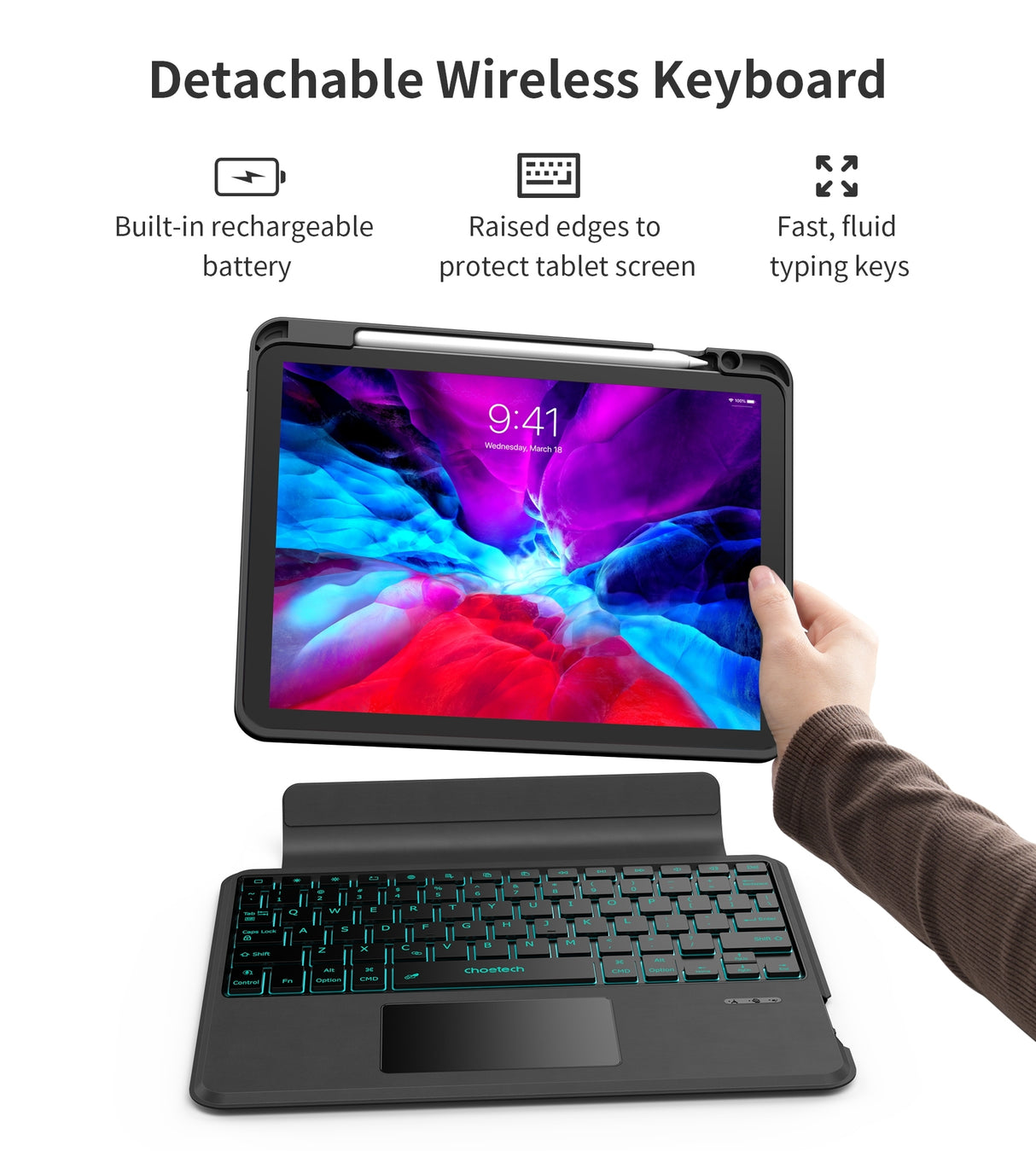 CHOETECH BH-018 Backlit Wireless Keyboard with Touchpad for iPad Pro 11 (Black)