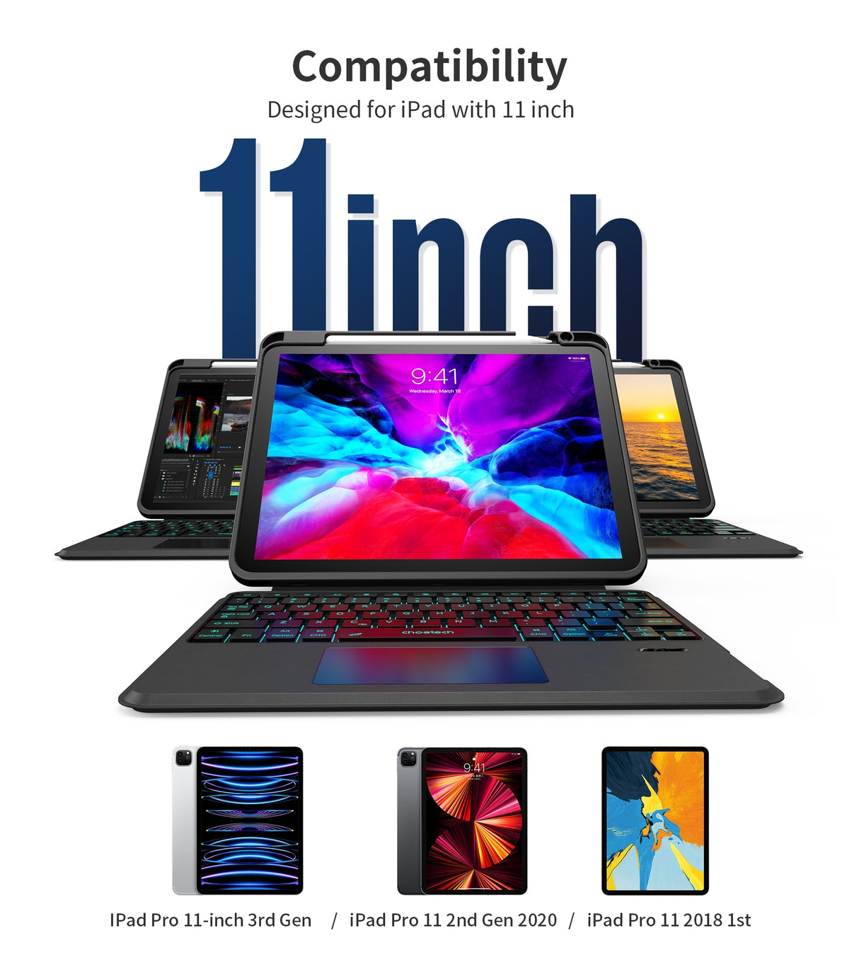 CHOETECH BH-018 Backlit Wireless Keyboard with Touchpad for iPad Pro 11 (Black)