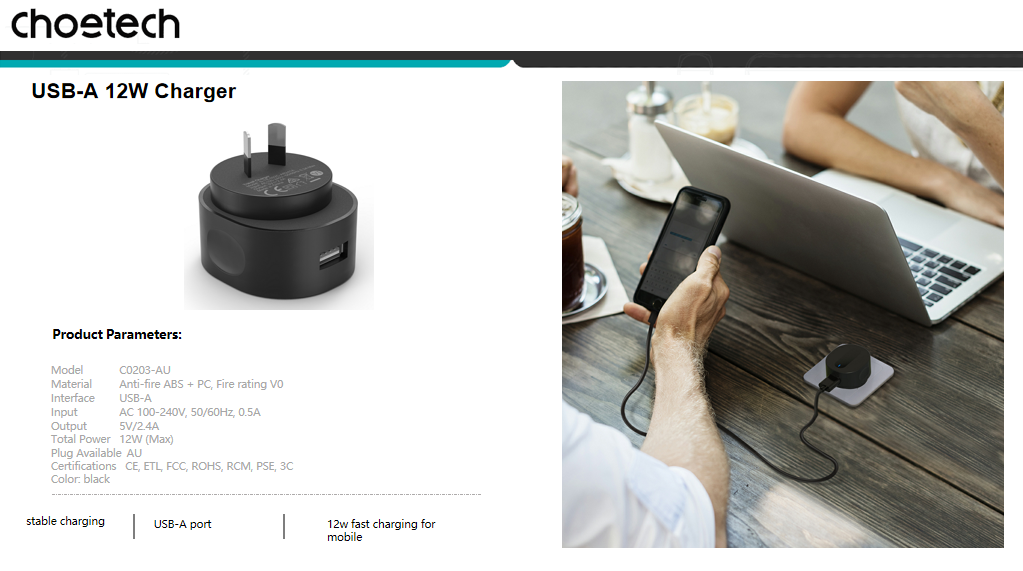 CHOETECH C0203 12W USB-A AC Power Adapter (AU Standard)