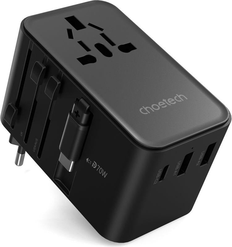 CHOETECH PD5022 70W EU/US/AUS/UK Travel Adapter with Built-in USB-C Cable - Black