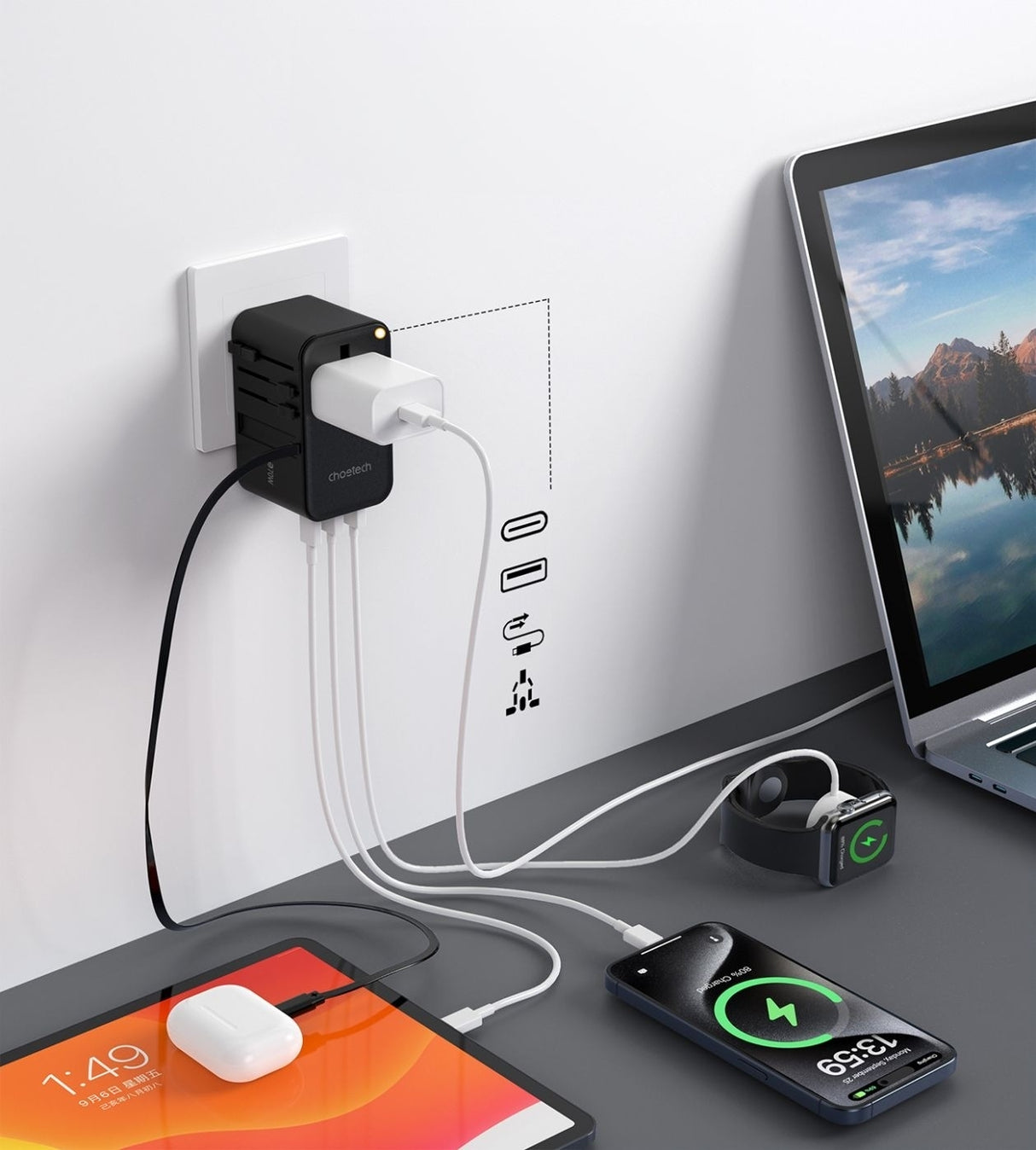 CHOETECH PD5022 70W EU/US/AUS/UK Travel Adapter with Built-in USB-C Cable - Black