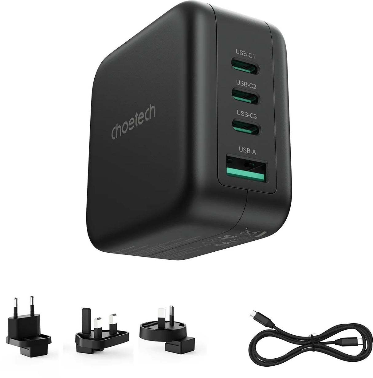 CHOETECH 70W GaN Travel Charger with Interchangeable Plugs - USB-C & USB-A for Global Compatibility